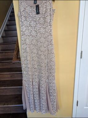 Beaded Lace Evening Gown in Taupe